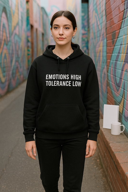 Emotions High Tolerance Low Hoodie – Black Oversized Unisex Streetwear